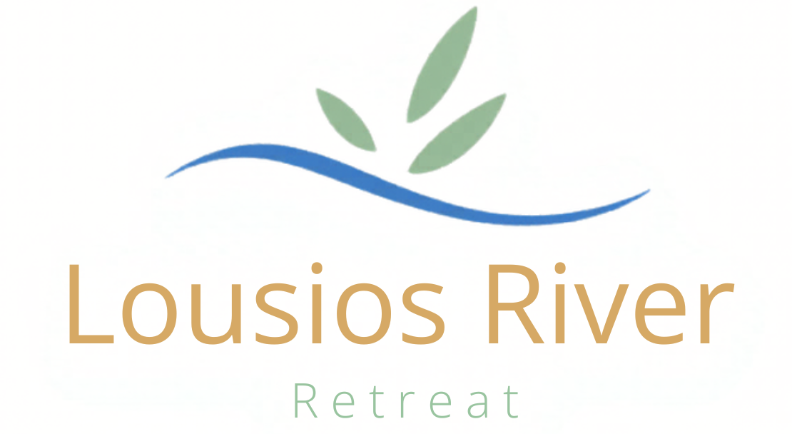 blue logo with olive branch for lousios retreat